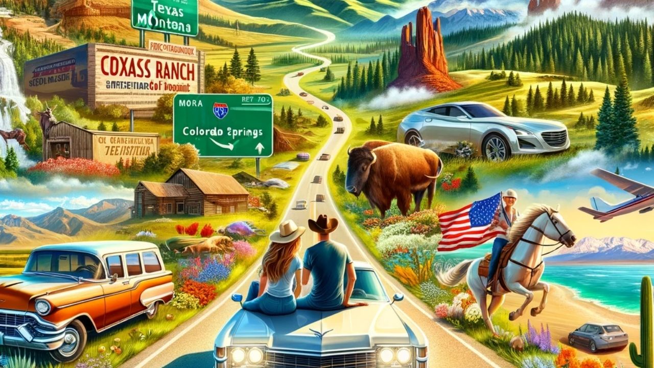 A vibrant illustration depicting a couple on a road trip, with iconic elements from Texas to Montana, including wildlife, diverse terrain, and vintage to modern vehicles.