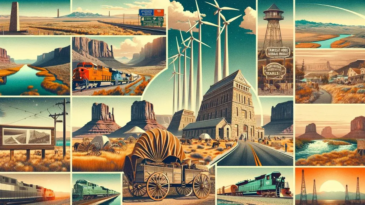 "A collage showcasing highlights of a road trip from Seattle to Las Vegas, featuring the Wild Horse Renewable Energy Center's wind towers, Tamastslikt Cultural Institute, Oregon Trail Interpretive Center, Boise River Greenbelt, Shoshone Falls, and Nevada Northern Railway Museum