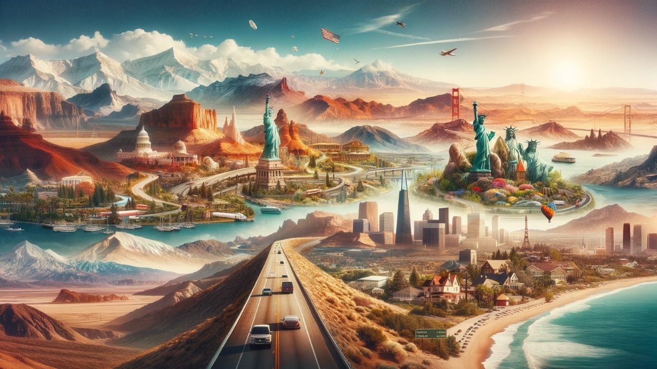 Panoramic view showcasing a road trip from California to Florida, featuring a blend of deserts, mountains, urban skylines, and beach landscapes.